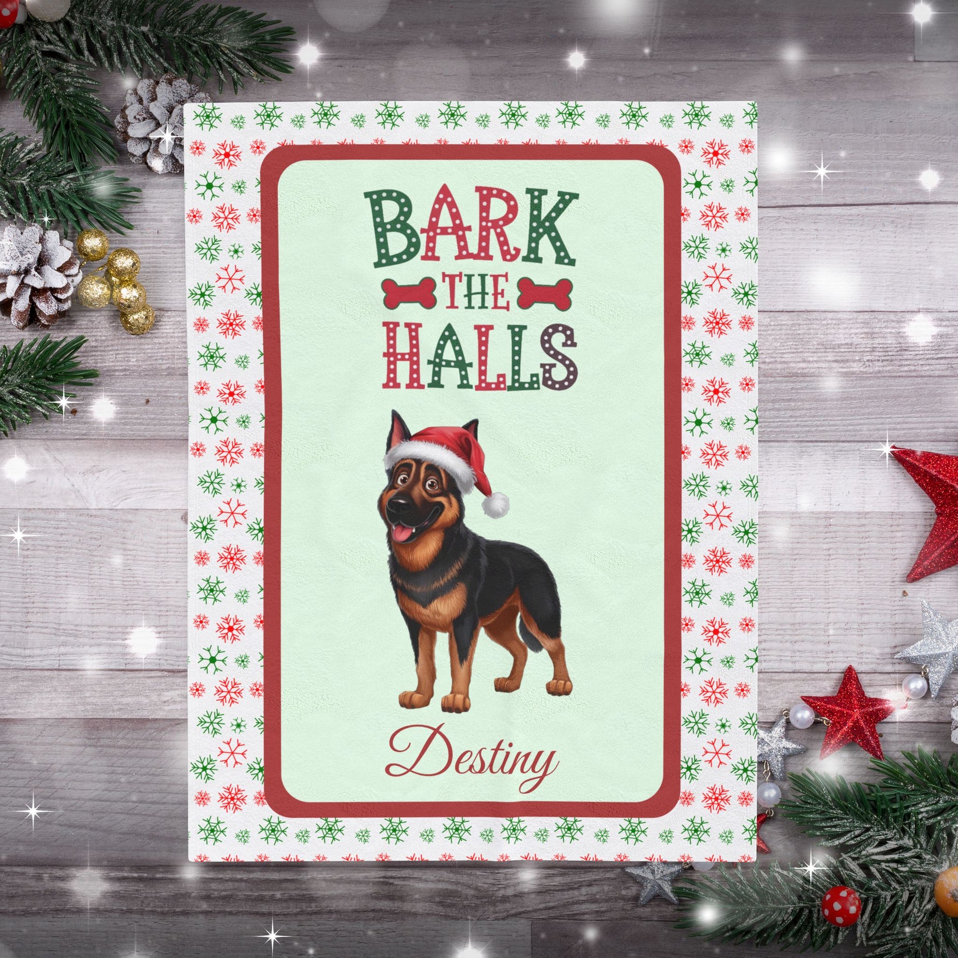 German Shepherd (Black & Rust) Plush Velveteen Blanket - Festive Bark The Halls dog throw, custom gift