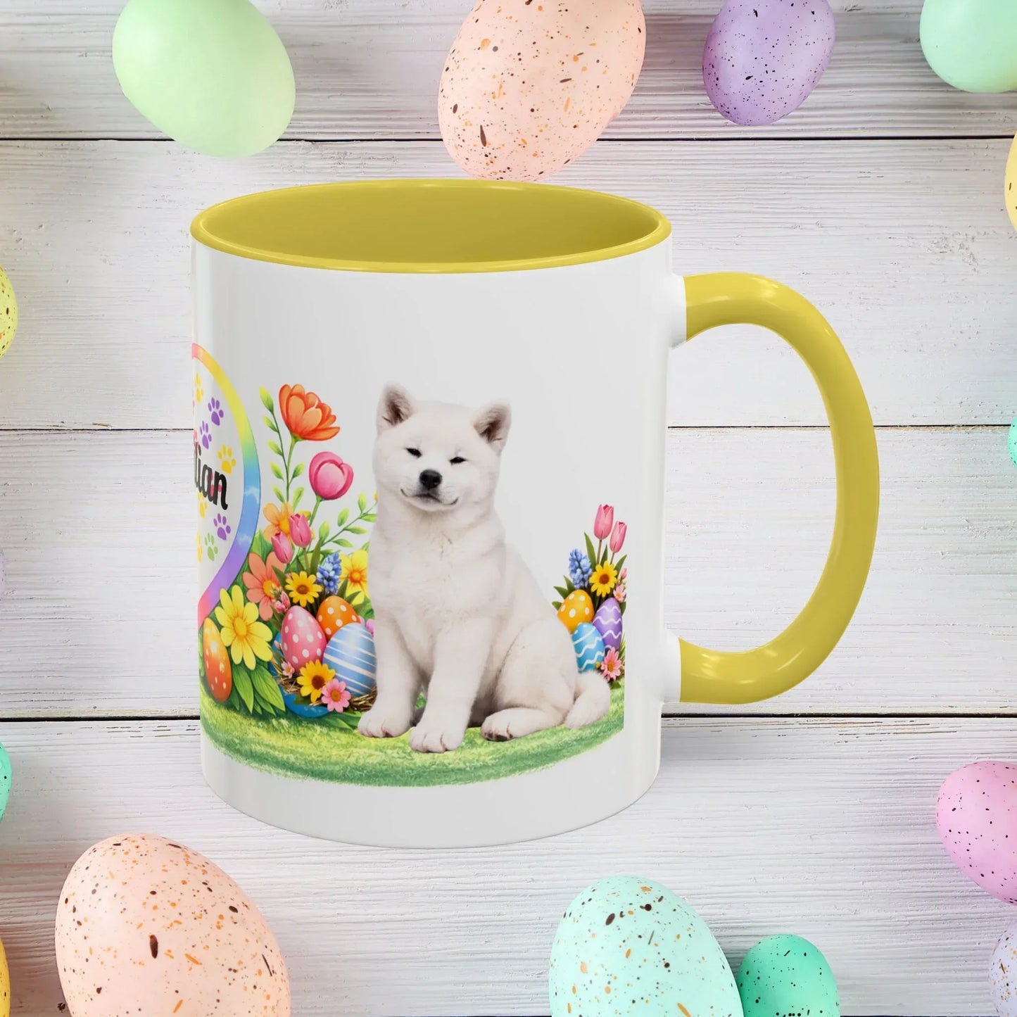 Shop our akita white puppy easter mug featuring the 15oz style option from MySisterIsASurvivor.