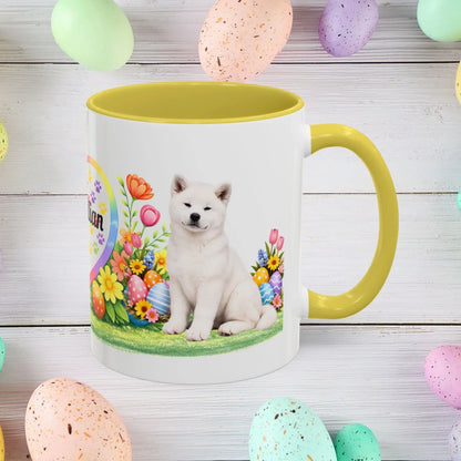 Shop our akita white puppy easter mug featuring the 15oz style option from MySisterIsASurvivor.