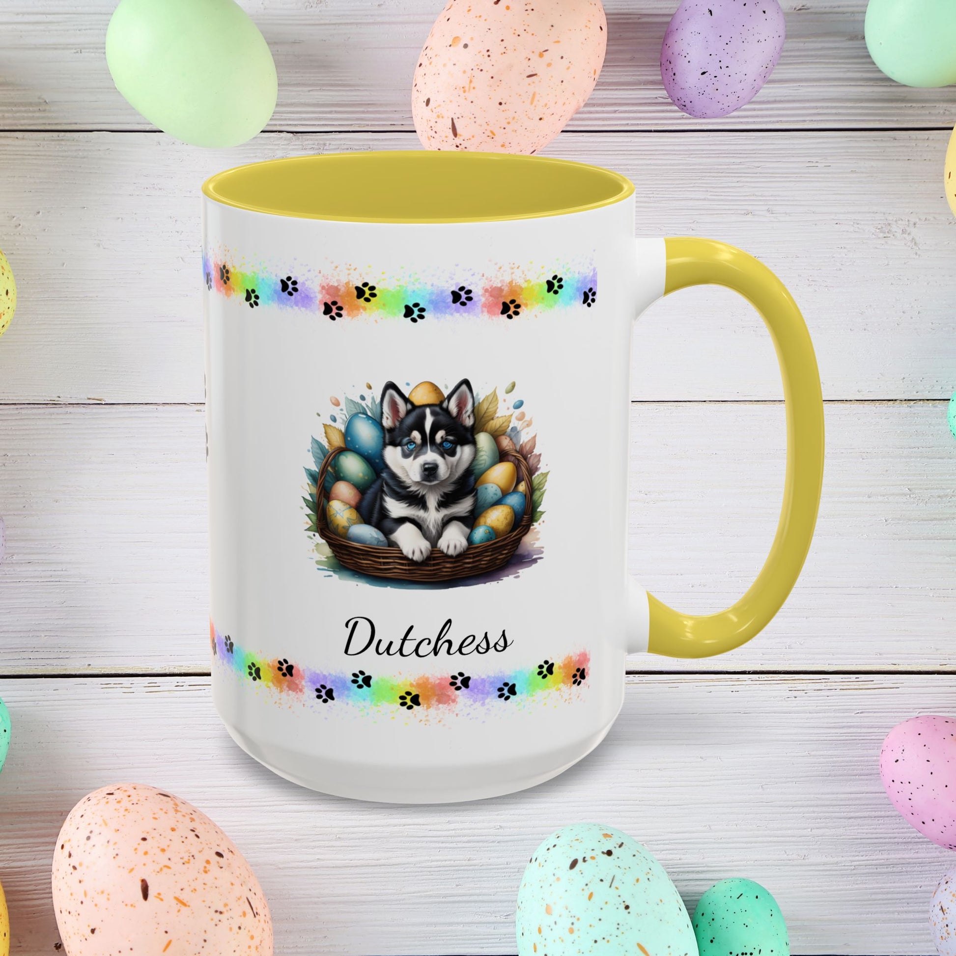 Siberian Husky: Personalized Easter Puppy Coffee Mug - Adorable Dog Design, Mental Health Gift, 11oz & 15oz, 12 Color Choices, Easter Gifts & Décor
