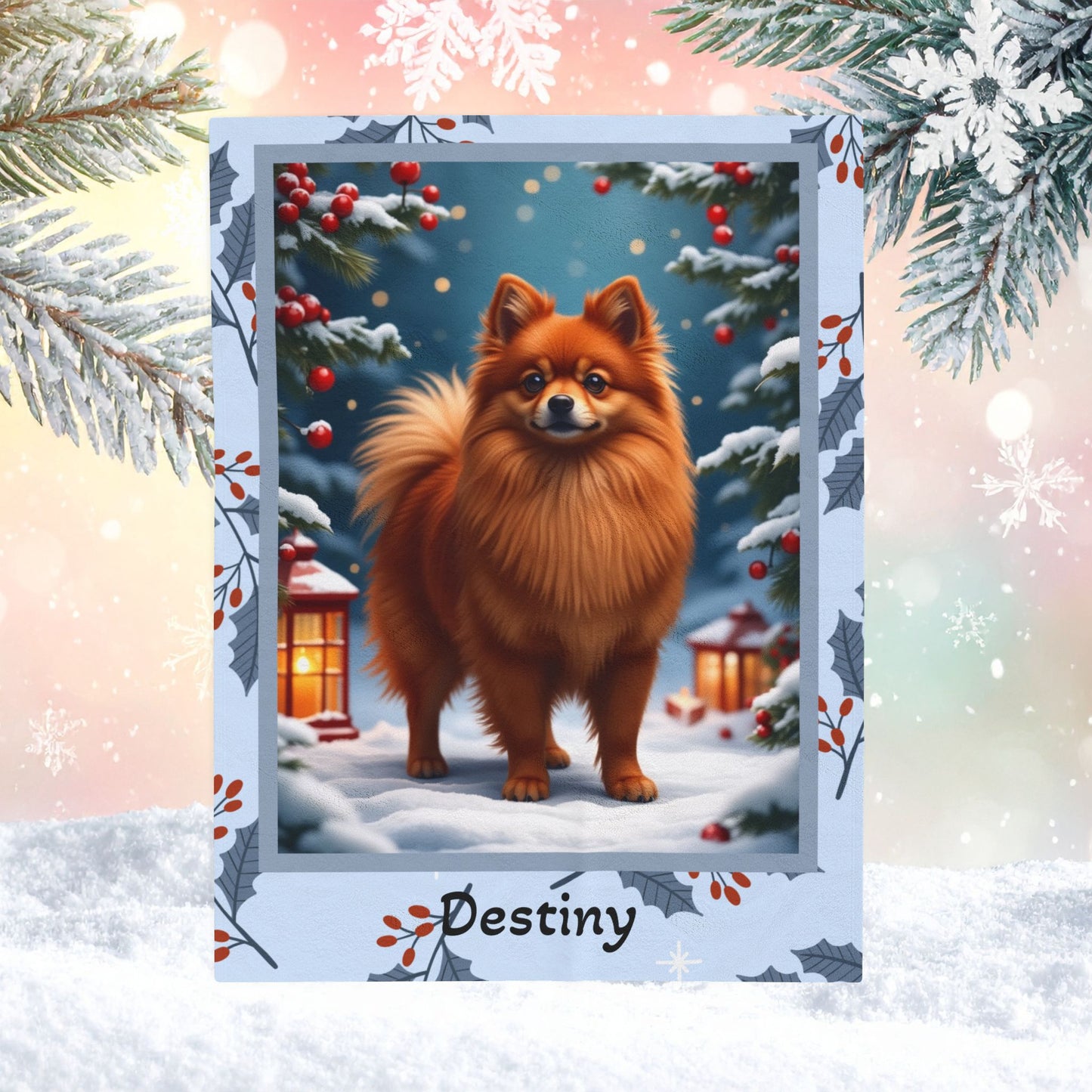 Pomeranian Red custom winter blanket with a vibrant red Pom in a bright illustrated lodge-style setting