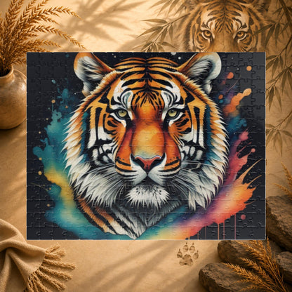 Jigsaw puzzle with a tiger design on a black background