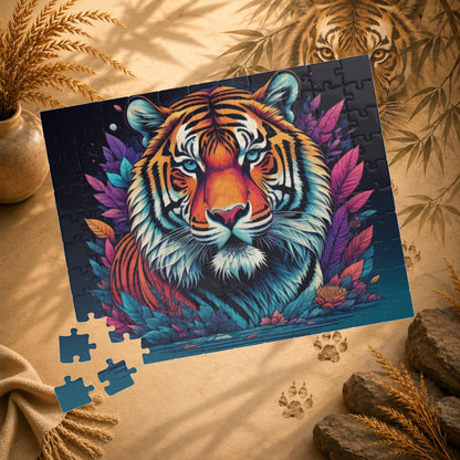Tiger's Resolve - Jewel-Toned Tiger Puzzle with Tropical Leaves on Dark Navy Background