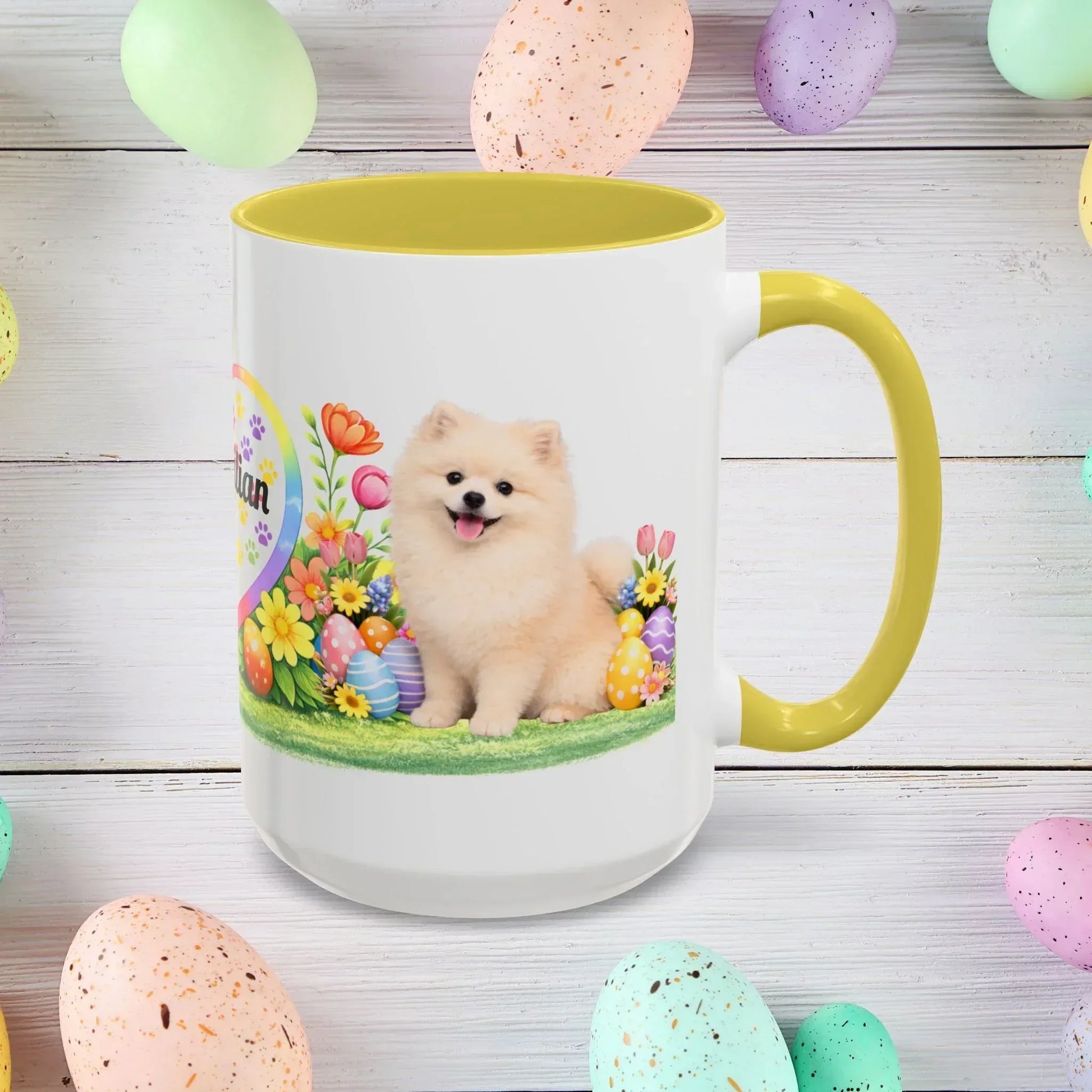 Shop our premium pomeranian cream puppy easter mug from MySisterIsASurvivor.