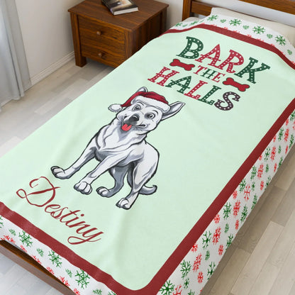 Shop our personalized german shepherd white velveteen plush blanket bark the halls featuring the 60" × 80" style option from MySisterIsASurvivor.