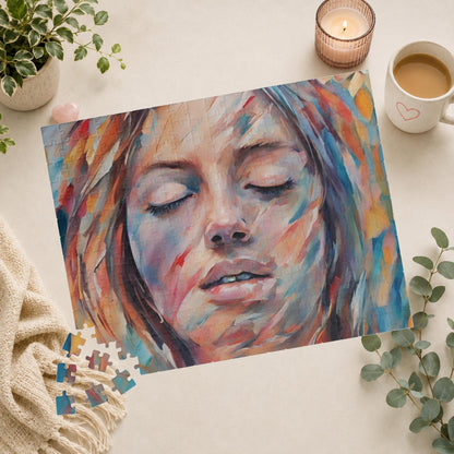 Empowerment Escape - Close-Up Woman's Portrait Puzzle with Bold Multicolor Oil Brushstrokes