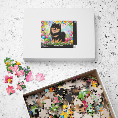 Pomeranian (Black & Tan) Easter Puppy Puzzle - Spring Garden with Eggs, Tulips, and Daisies