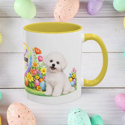 Shop our bichon frise puppy easter mug featuring the 15oz style option from MySisterIsASurvivor.