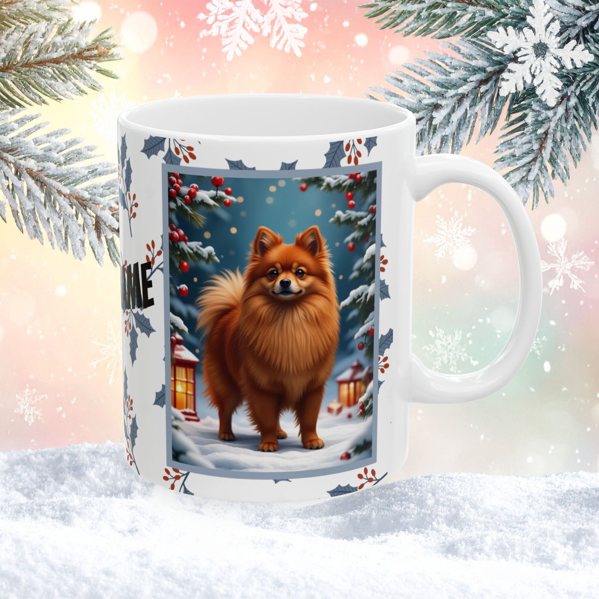 Pomeranian (Red) Winter Mug - red pomeranian illustrated standing in a winter scene with seasonal background