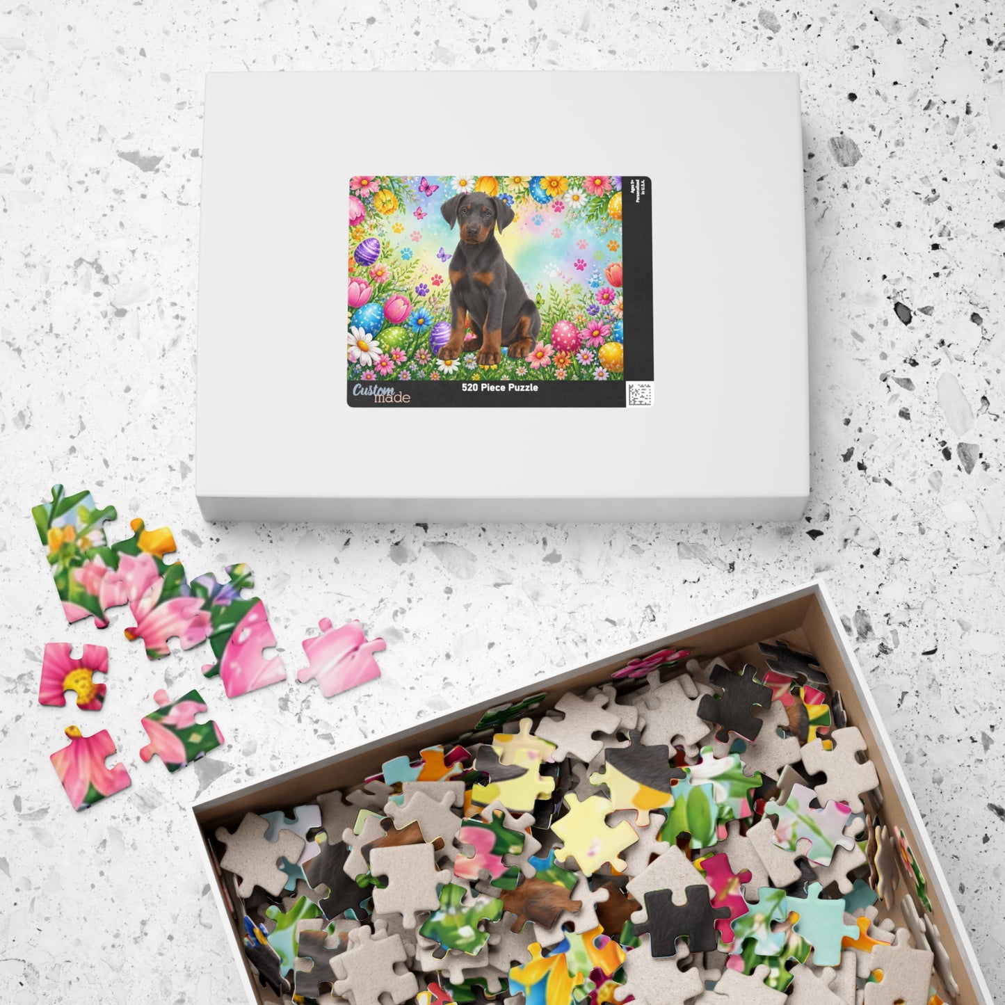 Doberman (Blue & Rust) Easter Puppy Puzzle - Spring Garden with Eggs, Tulips, and Daisies
