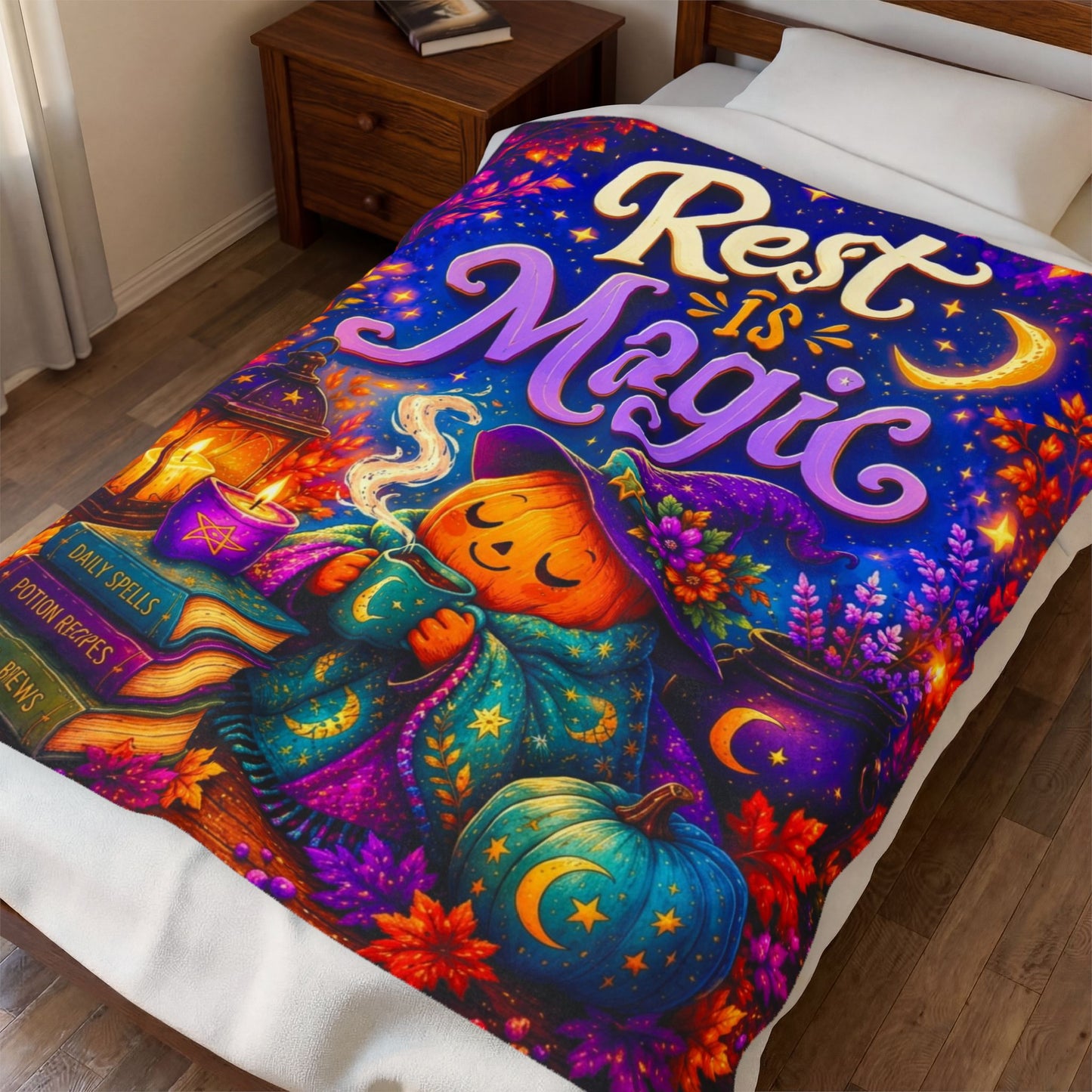 Rest Is Magic Velveteen Blanket - Sleepy Pumpkin Witch with Daily Spells Books and Moon Candle