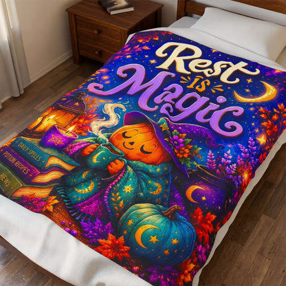 Rest Is Magic Velveteen Blanket - Sleepy Pumpkin Witch with Daily Spells Books and Moon Candle