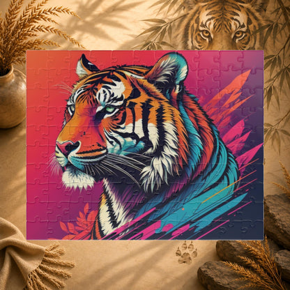 Calm in the Tiger's Stripes - Tropical Tiger Jigsaw Puzzle with Coral Gradient and Teal Leaf Art