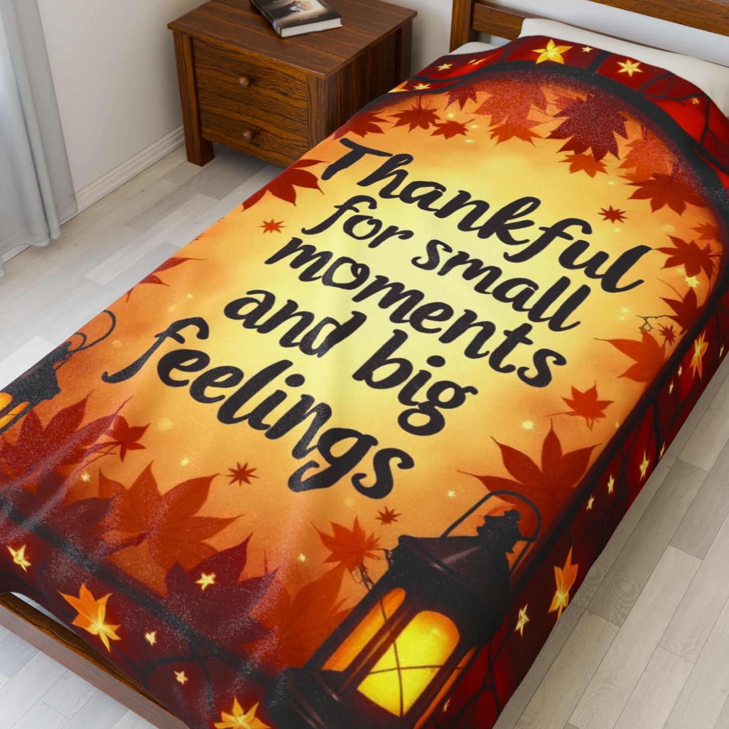Cozy fall blanket with “Thankful for Small Moments and Big Feelings,” mindfulness-inspired design.