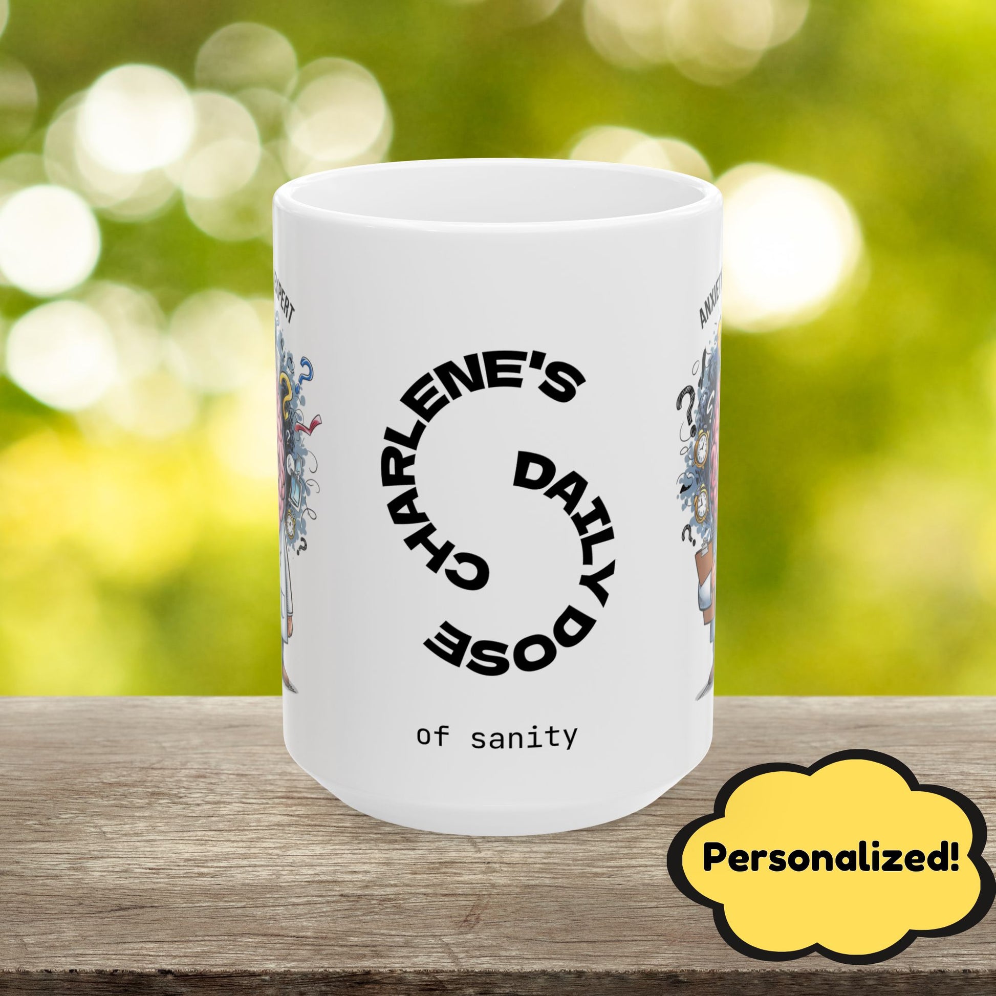 Personalized "Anxiety Level: Expert" funny mental health mug with affirmations for anxiety and mental health support.