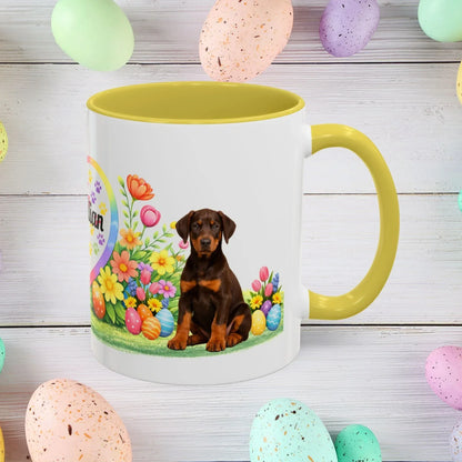 Shop our doberman red rust puppy easter mug featuring the 15oz style option from MySisterIsASurvivor.