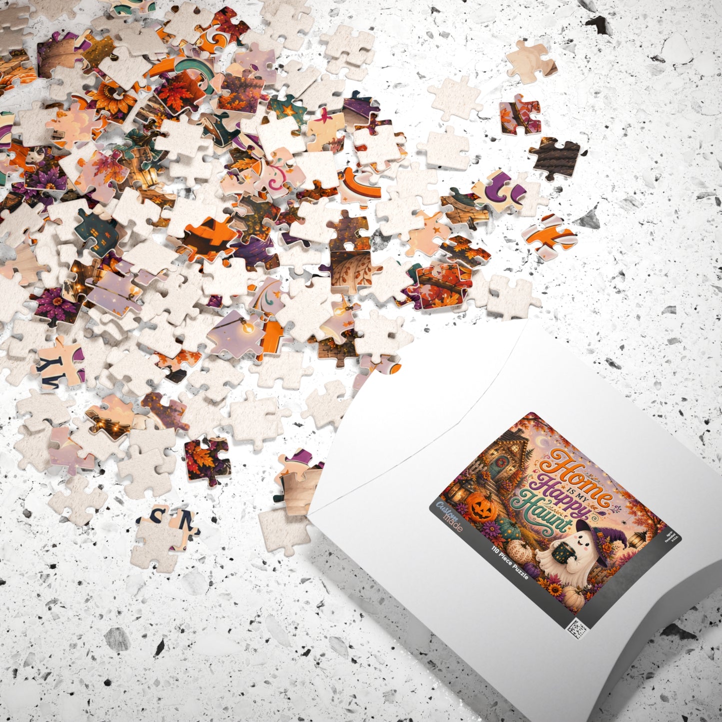 Home Is My Happy Haunt Halloween Puzzle - Witch Hat Ghost with Haunted House Mug and Fall Cottage