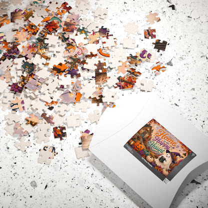 Home Is My Happy Haunt Halloween Puzzle - Witch Hat Ghost with Haunted House Mug and Fall Cottage