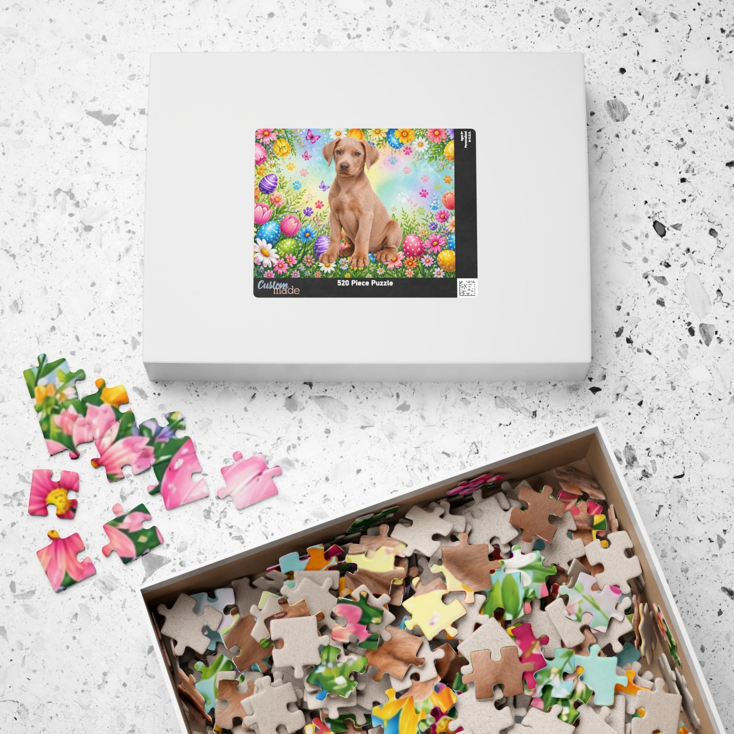 Doberman (Fawn) Easter Puppy Puzzle - Wildflowers, Painted Eggs, and Spring Butterflies