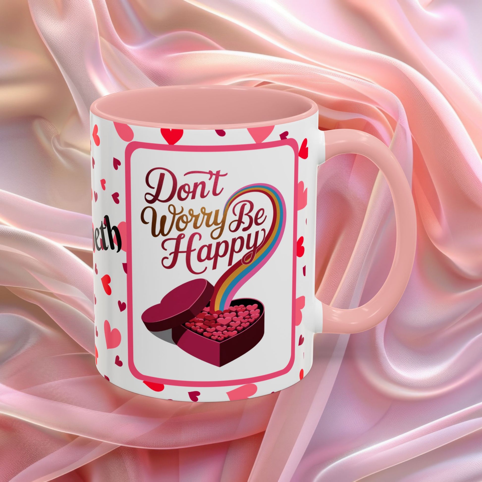 Dont Worry Be Happy Valentines mug with positive affirmation, cheerful Valentine coffee cup for daily encouragement