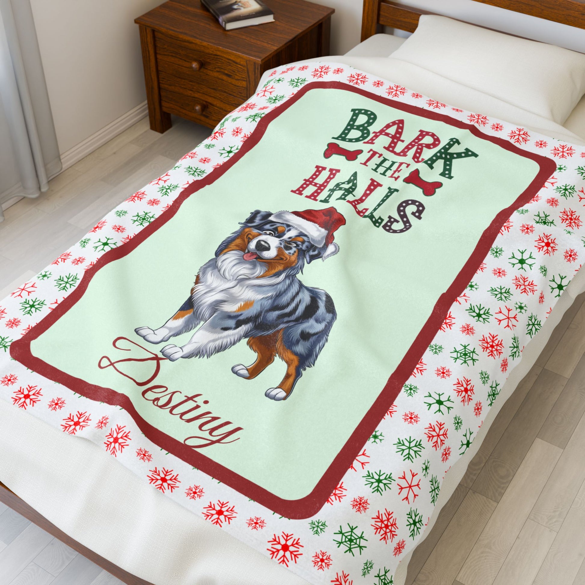 Blue Merle Australian Shepherd personalized velveteen blanket, cozy bark the halls dog throw