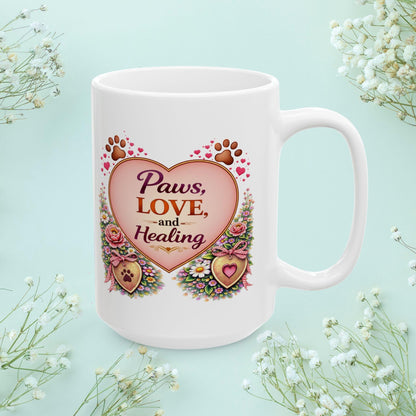 Shop our premium paws love and healing fur mom mug from MySisterIsASurvivor.