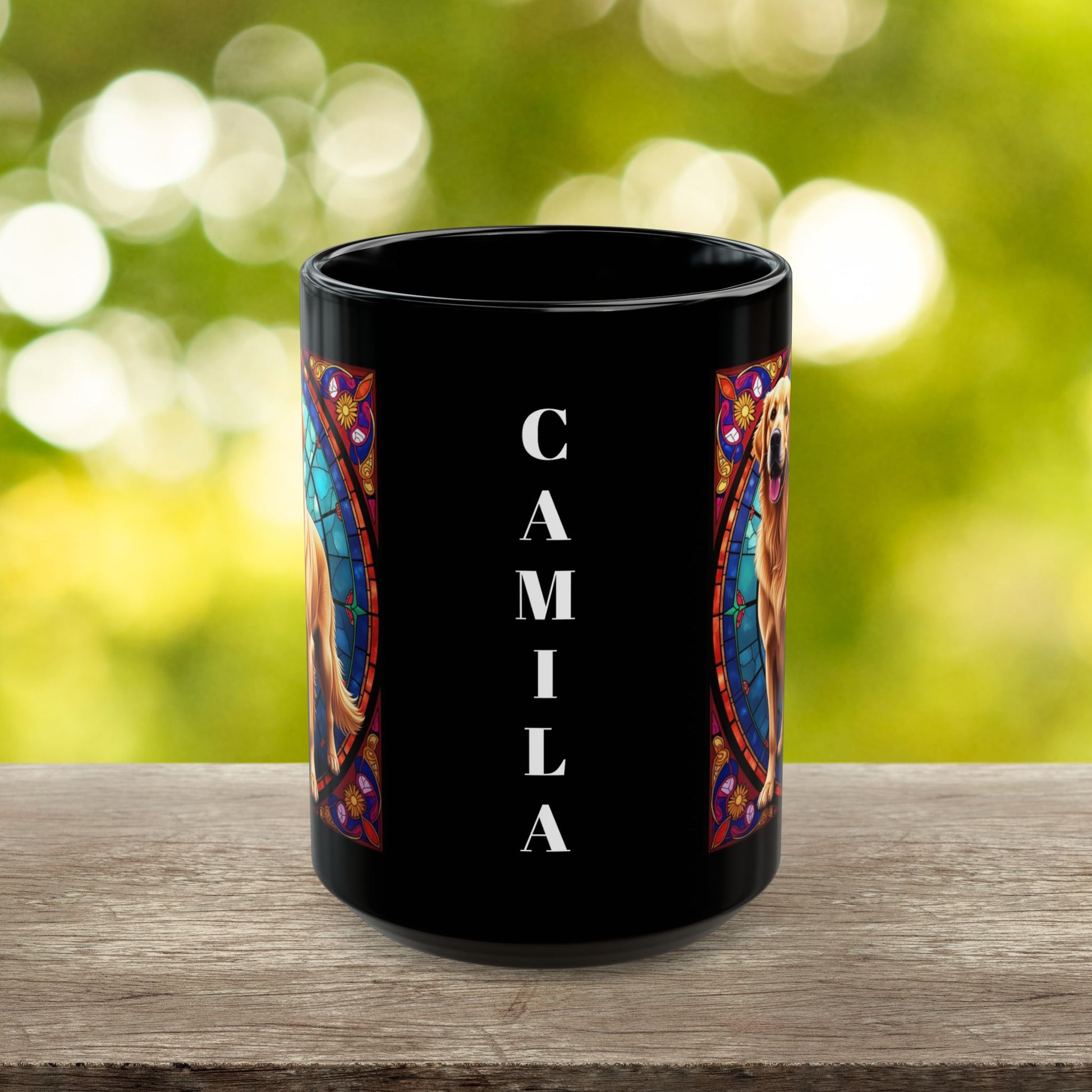 Classic Golden Retriever stained glass style coffee mug, customizable with dog name, perfect gift for pet parents