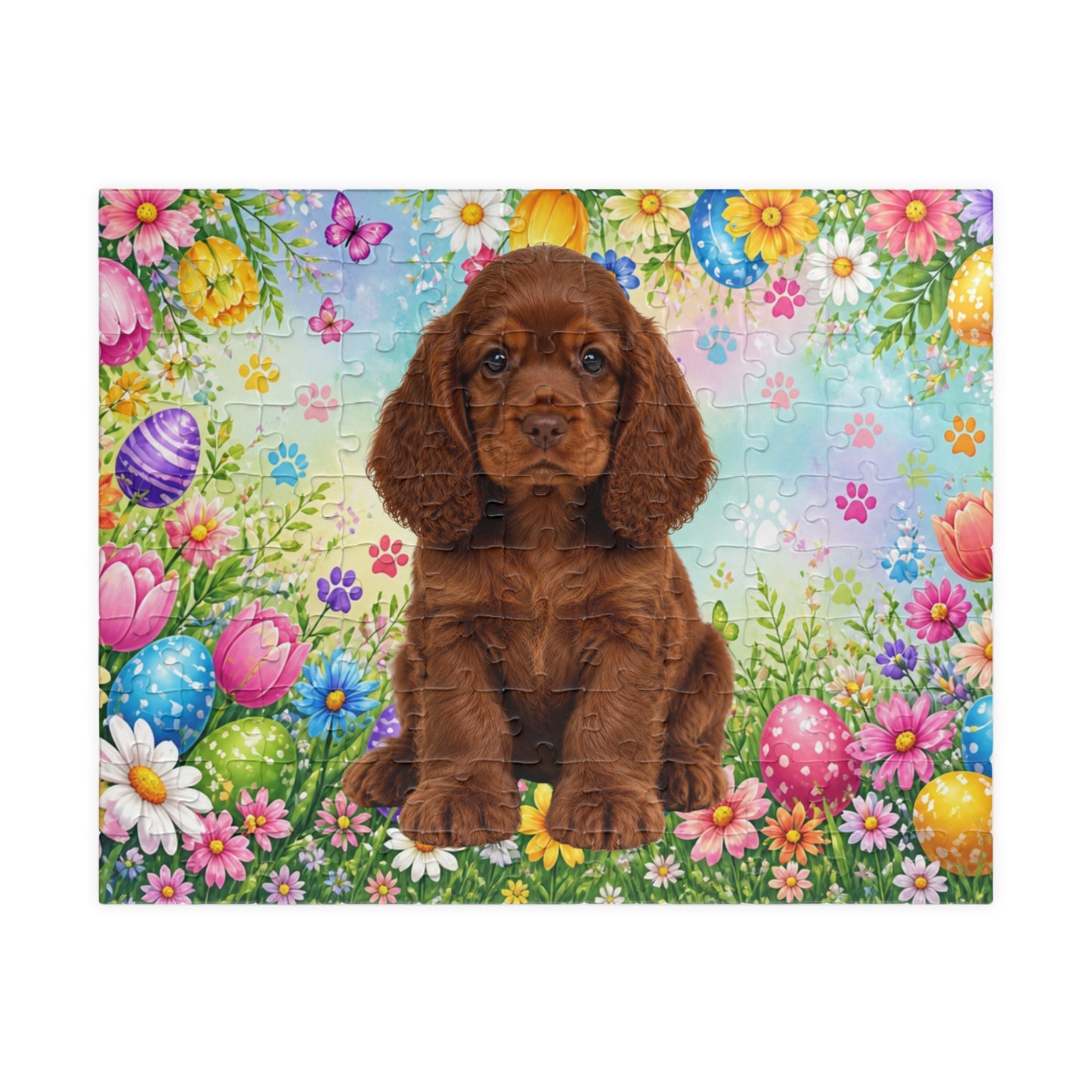 American Cocker Spaniel (Liver) Easter Puppy Puzzle - Spring Garden with Eggs, Tulips, and Daisies