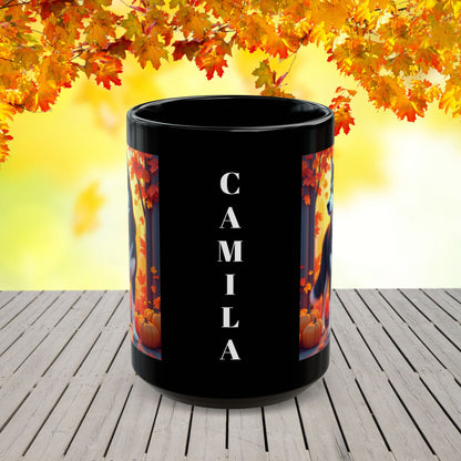 Black & White Husky (Amber Eyes) autumn mug, personalized dog owner gift for cozy fall coffee or tea