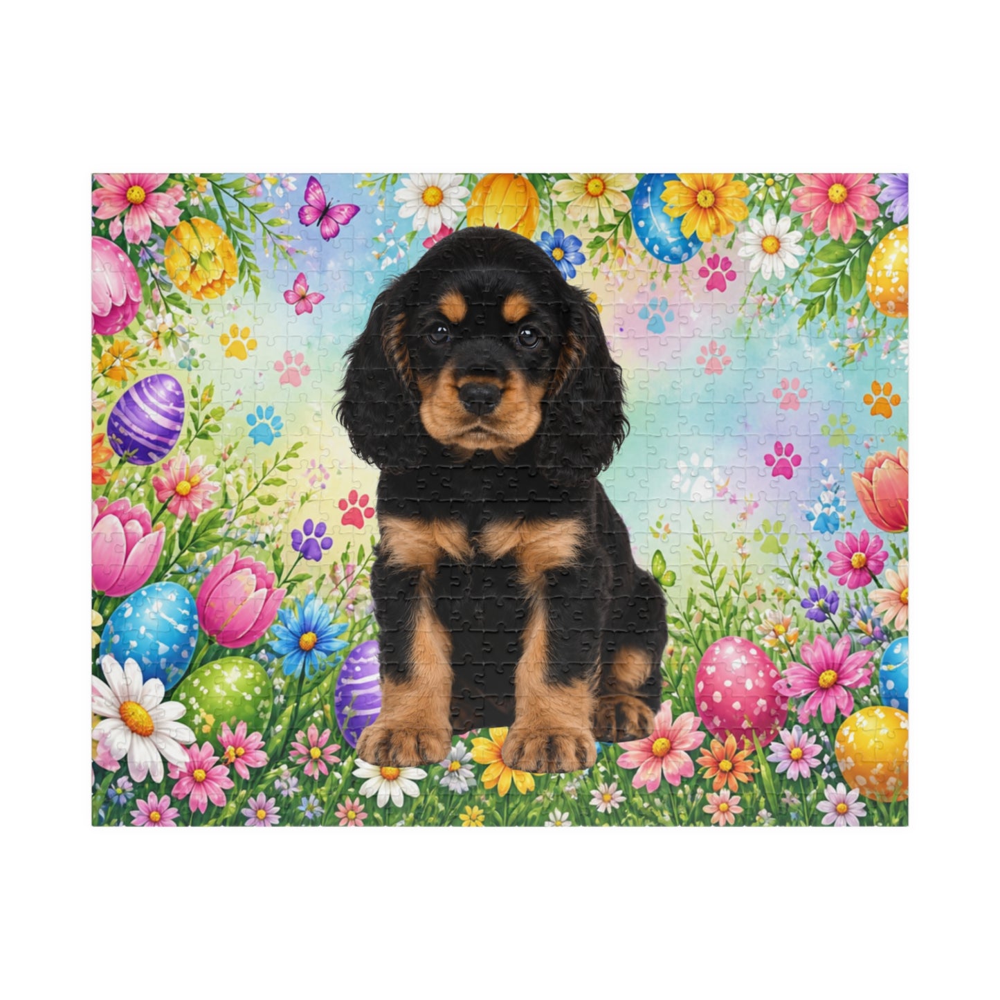 American Cocker Spaniel (Black & Tan) Easter Puppy Puzzle - Spring Garden with Eggs, Tulips, and Daisies