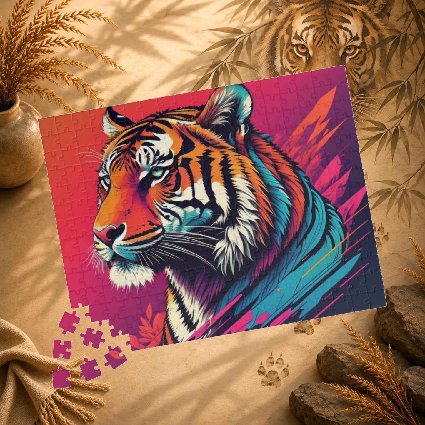 Calm in the Tiger's Stripes - Tropical Tiger Jigsaw Puzzle with Coral Gradient and Teal Leaf Art