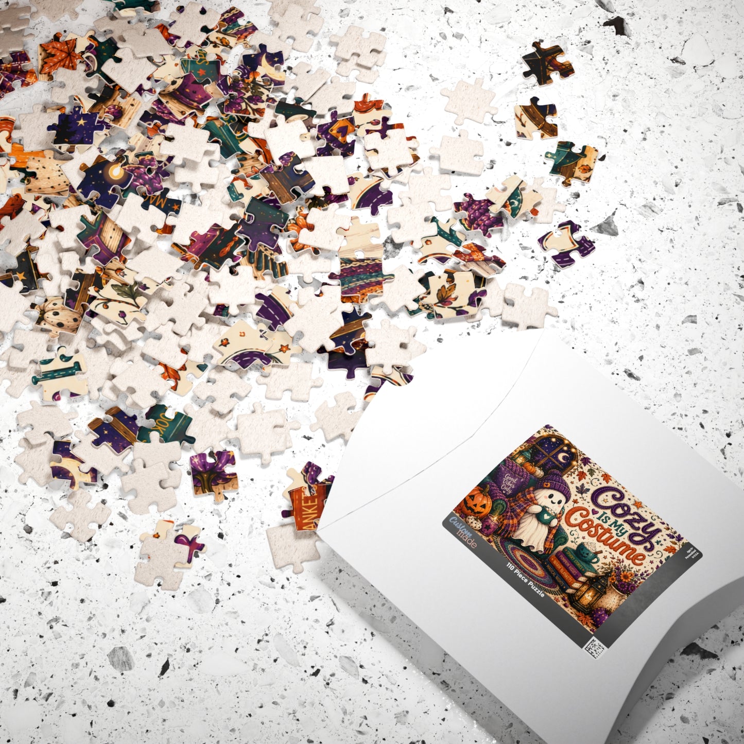 Cozy Is My Costume Halloween Puzzle - Ghost in Beanie with Good Vibes Pillow and Spooky Story Books