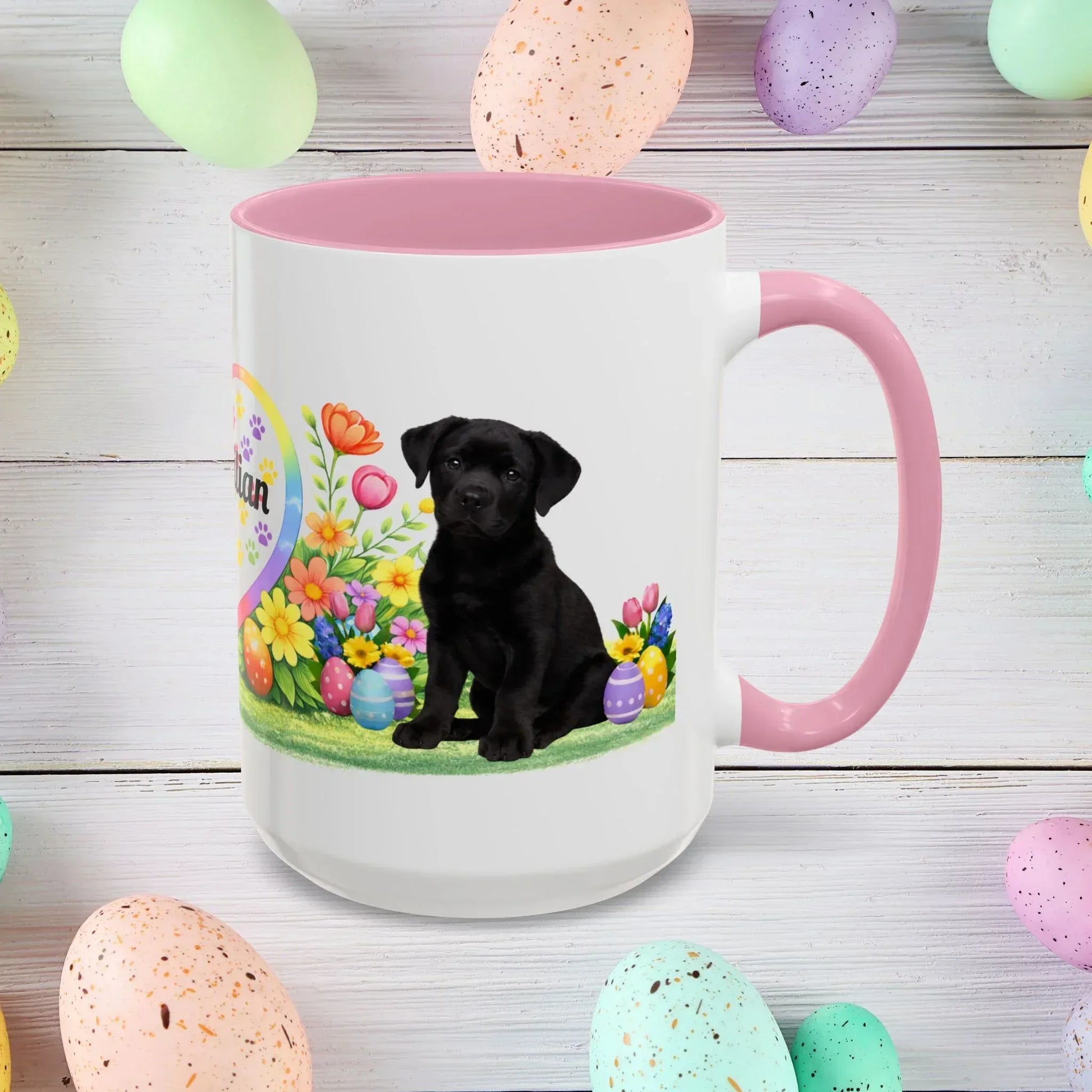 Shop our rottweiler black puppy easter mug featuring the 15oz style option from MySisterIsASurvivor.