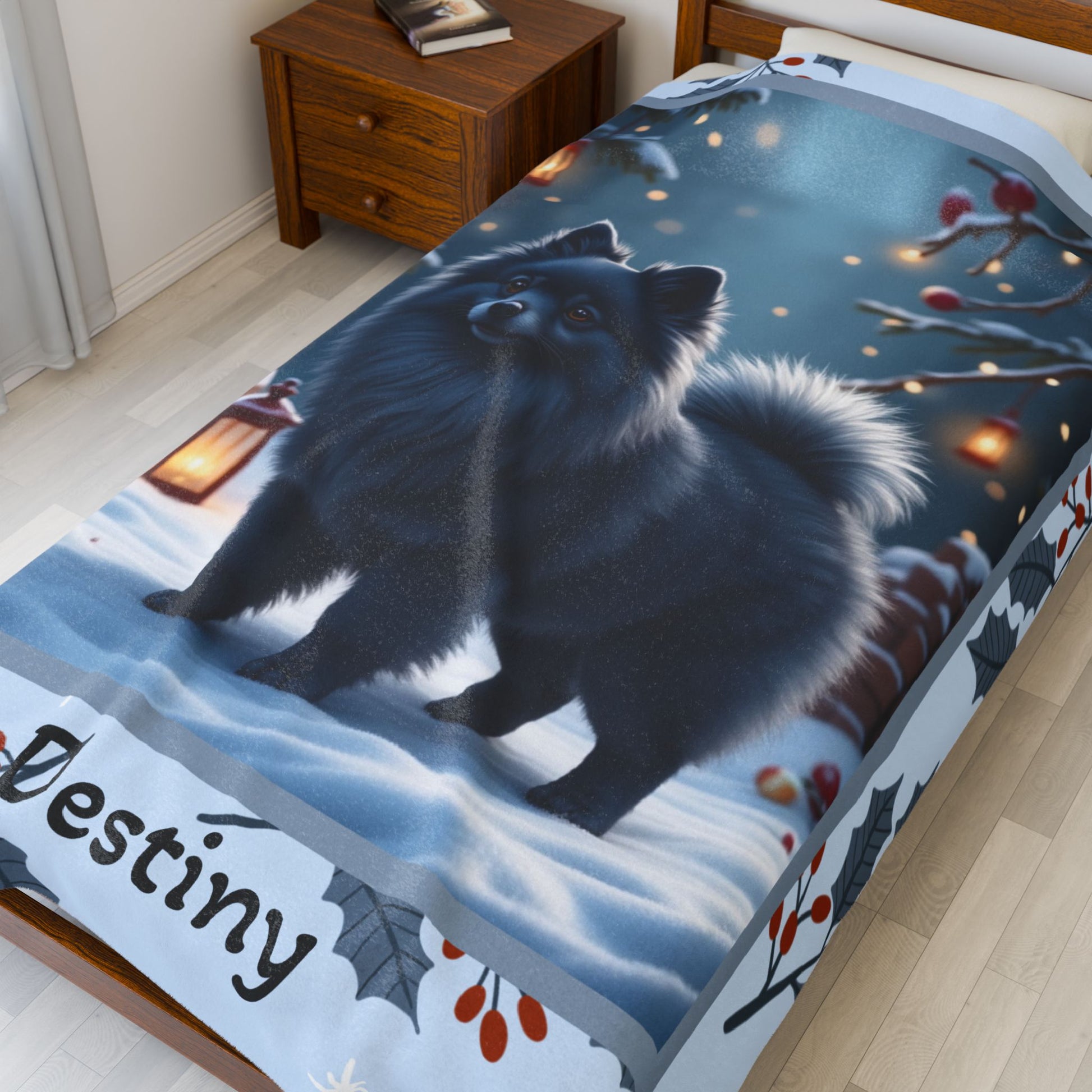 Pomeranian Blue custom winter blanket showing a rare blue Pom in a cheerful lodge-style winter illustration