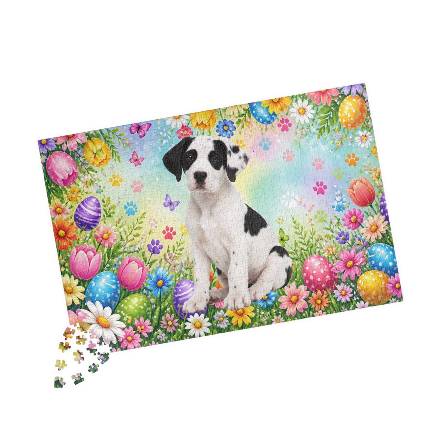 Great Dane (Piebald) Easter Puppy Puzzle - Spring Garden with Eggs, Tulips, and Daisies