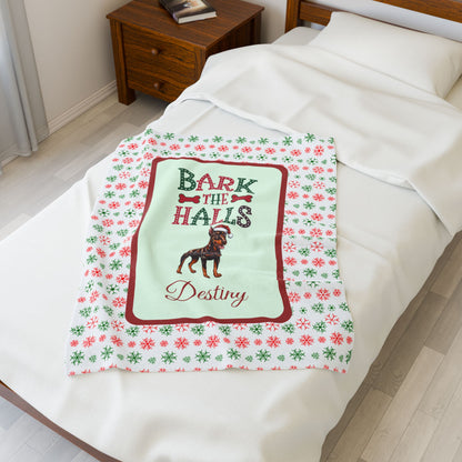 Doberman Pinscher (Red & Rust) Personalized Velveteen Plush Blanket - "Bark The Halls" | Cozy Holiday Gift for Dog Lovers