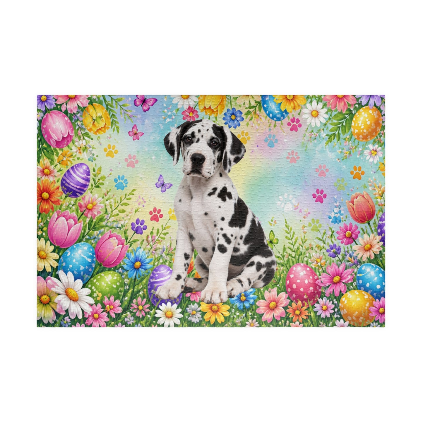 Great Dane (Harlequin) Easter Puppy Puzzle - Spring Garden with Eggs, Tulips, and Daisies