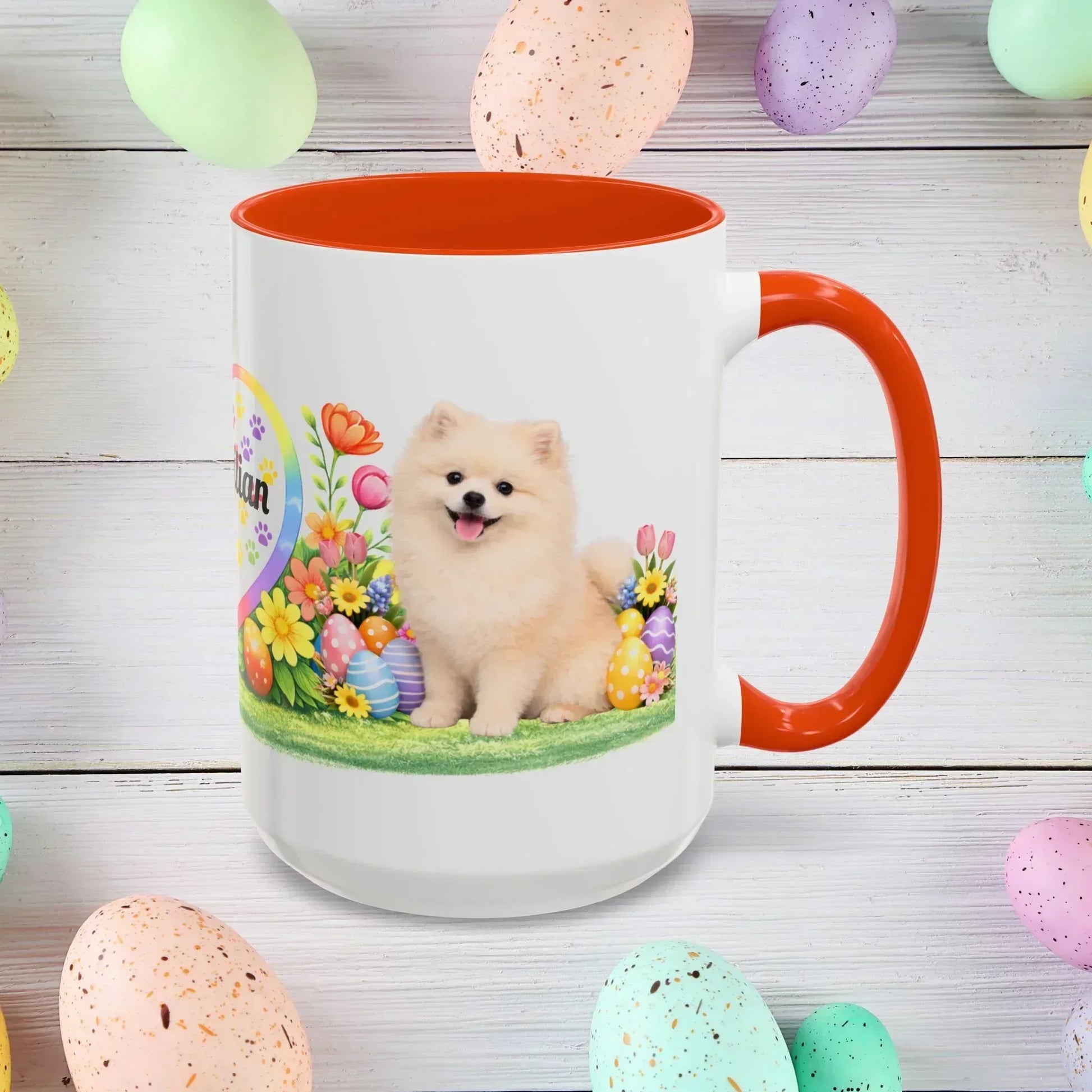 Shop our pomeranian cream puppy easter mug featuring the 15oz style option from MySisterIsASurvivor.