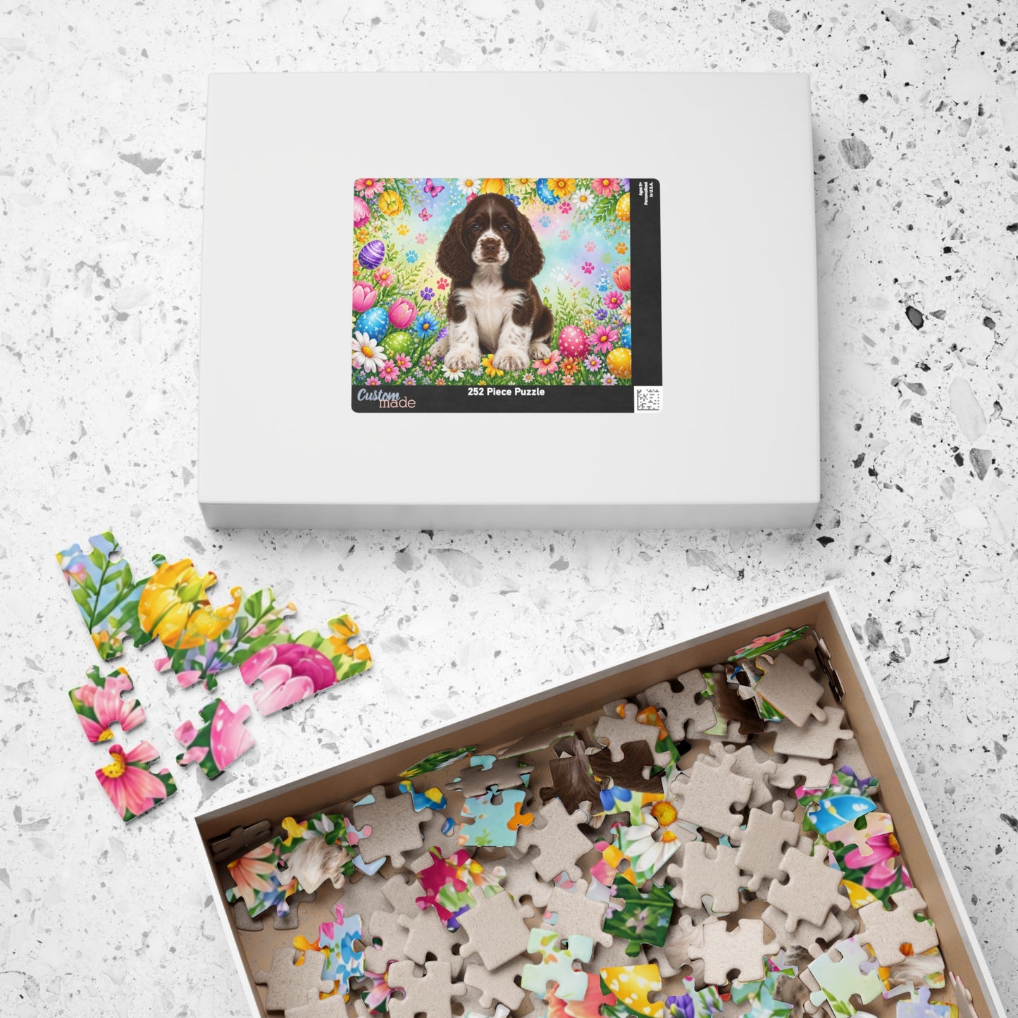 American Cocker Spaniel (Liver & White) Easter Puppy Puzzle - Spring Garden with Eggs, Tulips, and Daisies