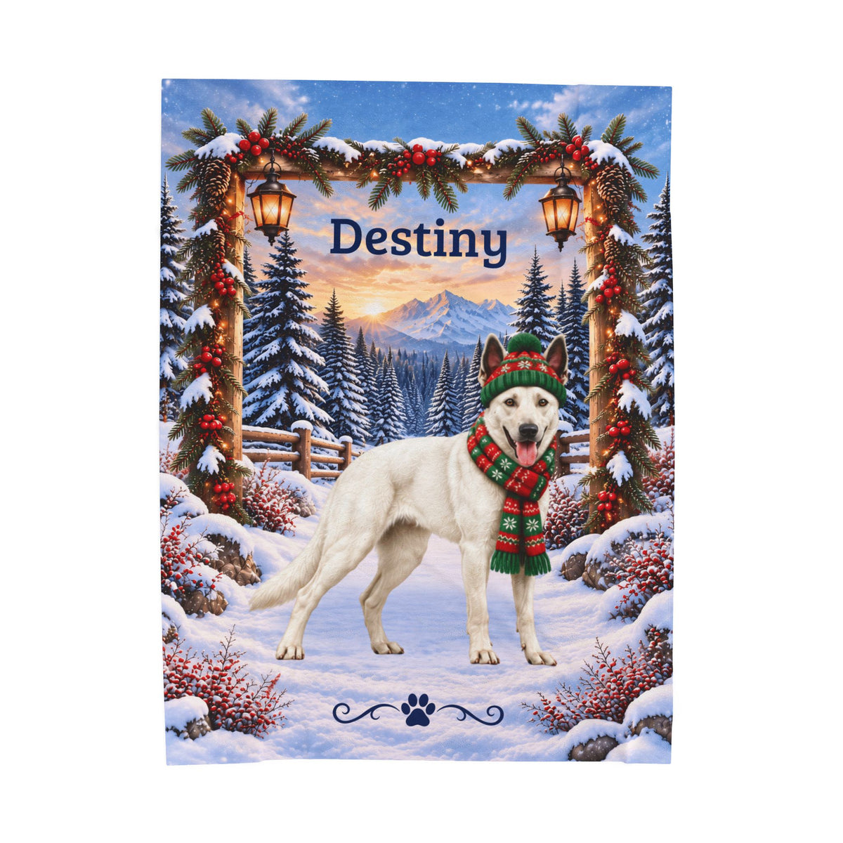 Belgian Malinois (White Coat) - Custom Pet Name Velveteen Blanket, Snowy Forest Gift for Mali Lovers