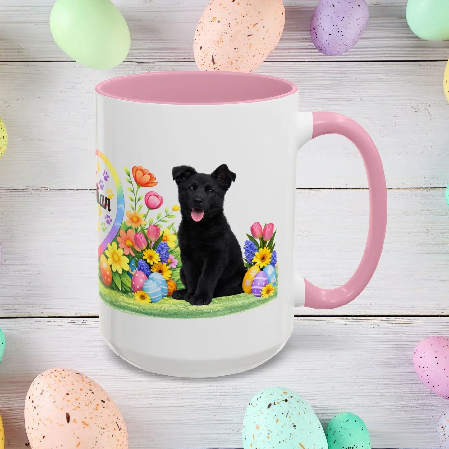 Shop our german shepherd black puppy easter mug featuring the 15oz style option from MySisterIsASurvivor.