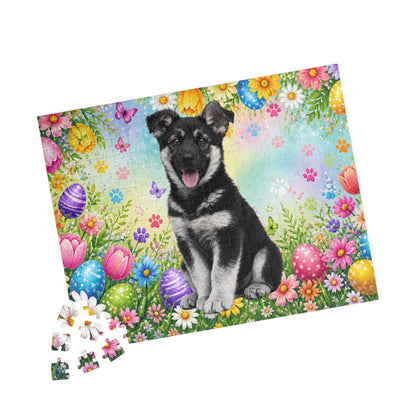 German Shepherd (Black & Silver) Easter Puppy Puzzle - Flowers, Eggs, and Spring Fun