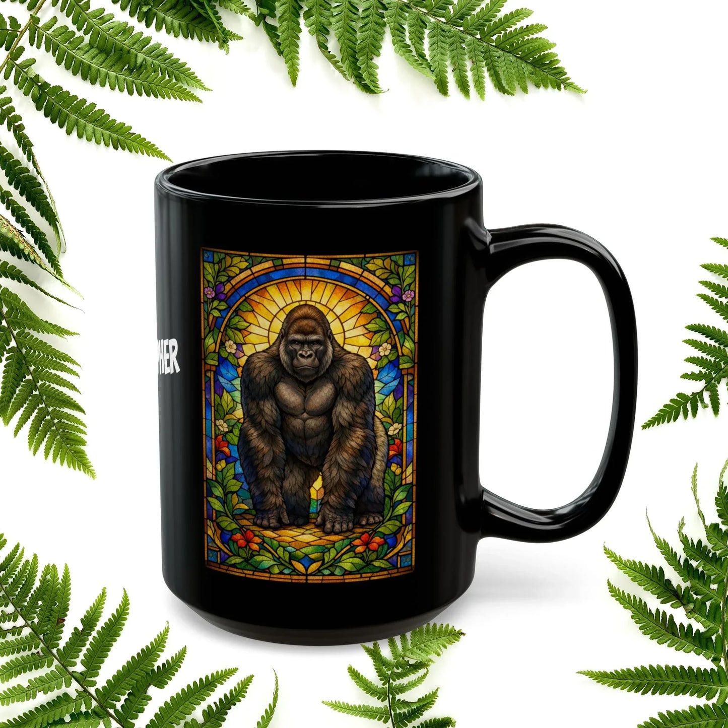 Shop our premium gorilla stained glass style black mug from MySisterIsASurvivor.