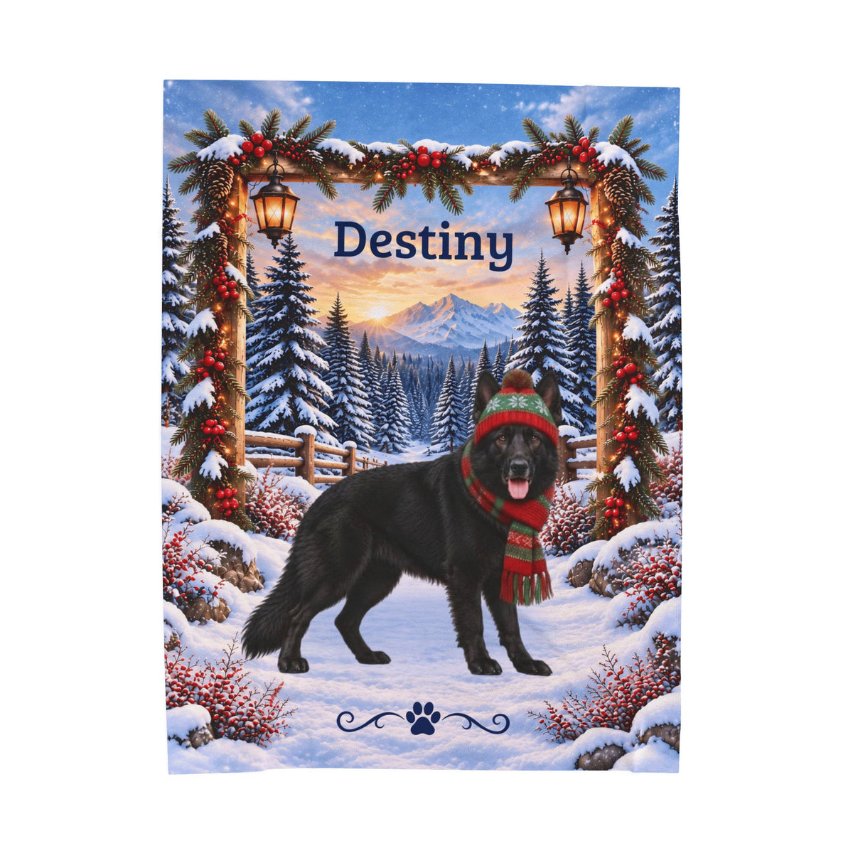 German Shepherd (Black Coat) - Personalized Winter Woodland Blanket, Custom Name Velveteen Throw - MySisterIsAsurvor