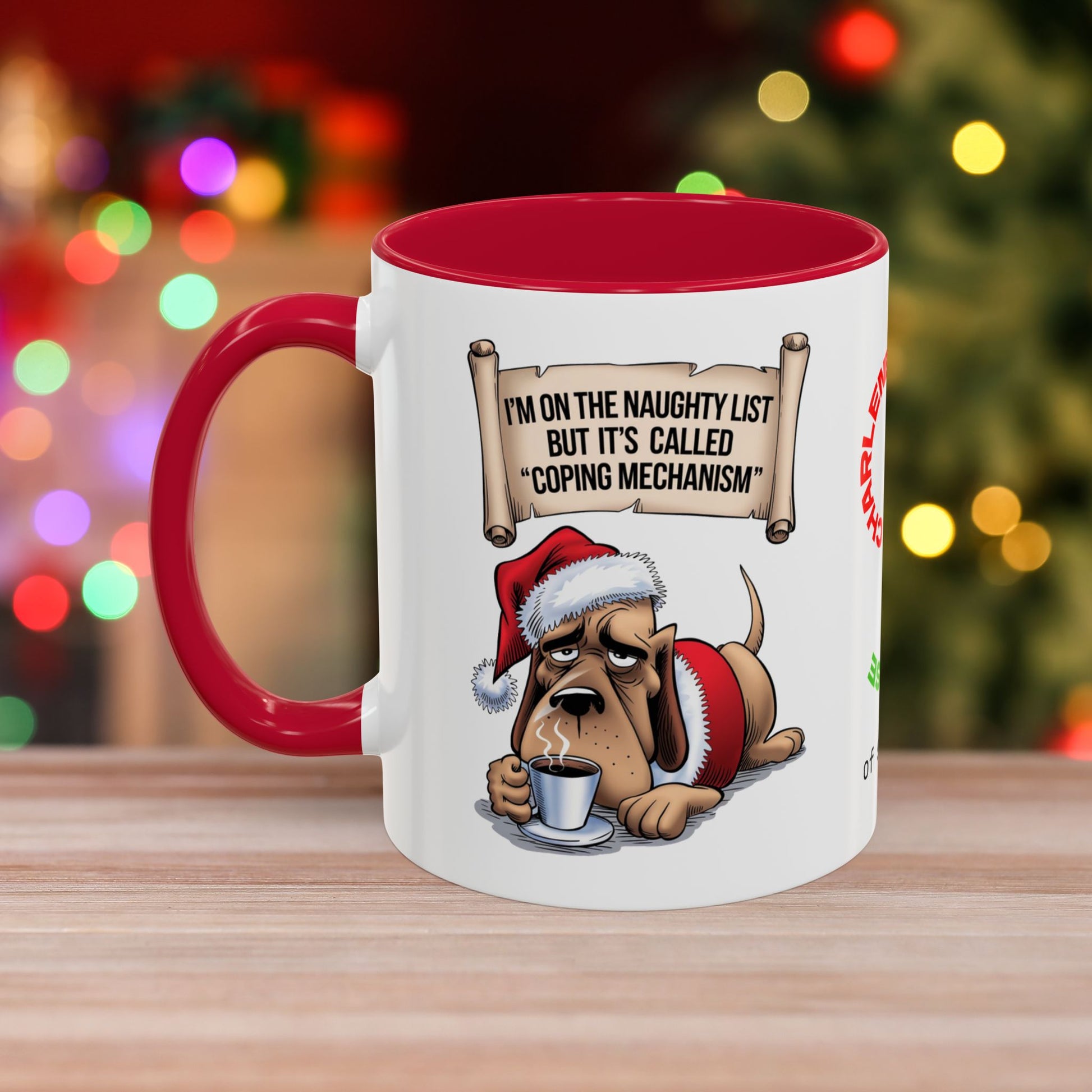 I'm On The Naughty List, But It's Called 'Coping Mechanism' – Christmas Mug with Dog Design and Accent Color