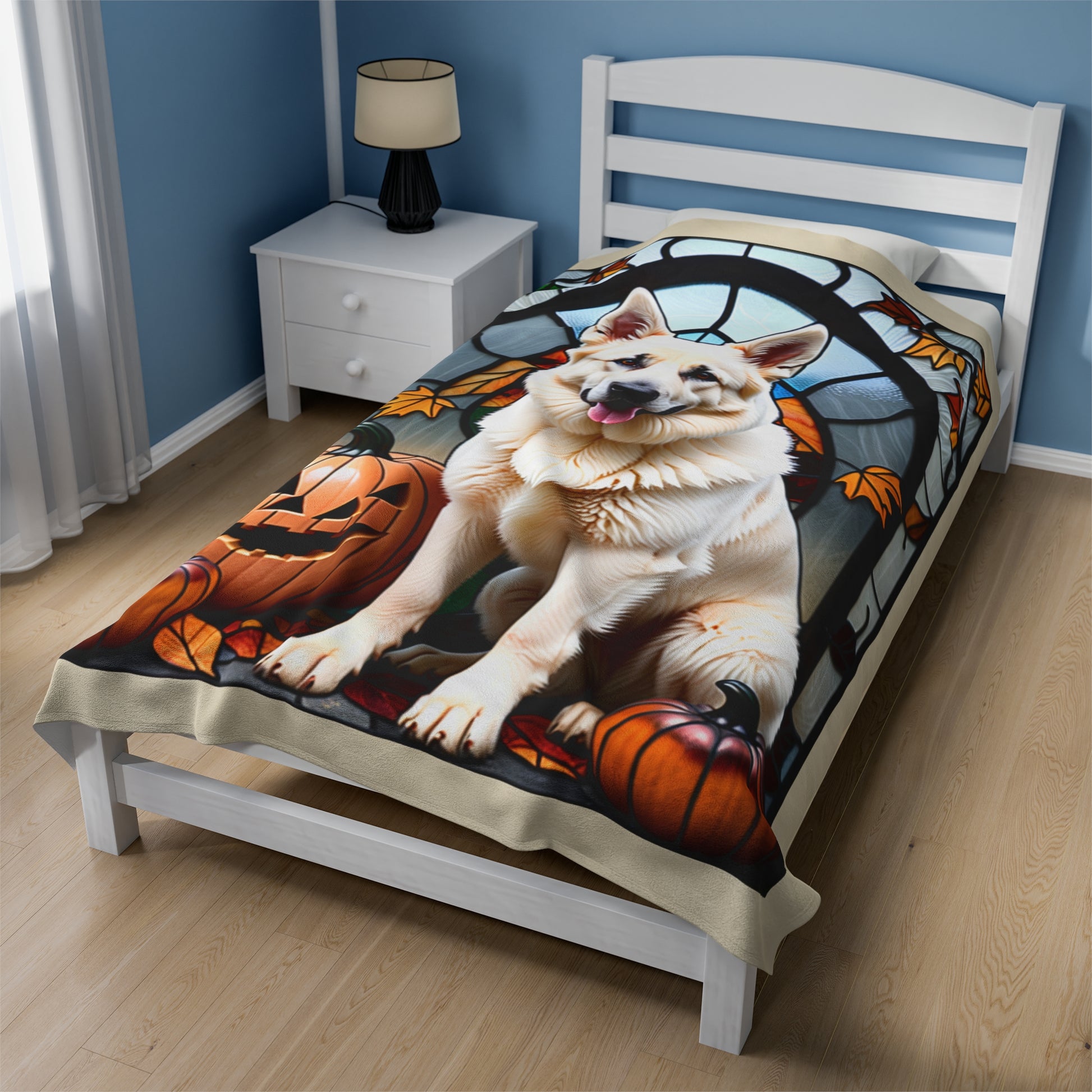 White German Shepherd stained glass velveteen blanket, soft plush throw for dog moms and pet owners