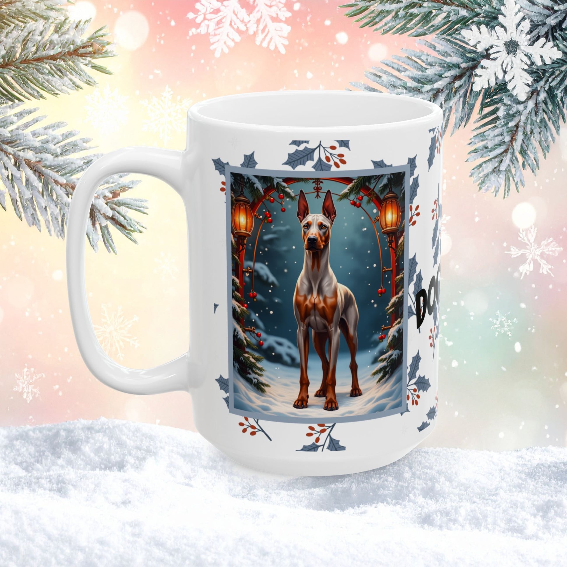 Doberman (Fawn & Rust) Winter Mug - fawn and rust Doberman illustrated in a bright winter scene with frosted pine branches