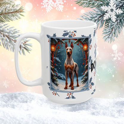 Doberman (Fawn & Rust) Winter Mug - fawn and rust Doberman illustrated in a bright winter scene with frosted pine branches