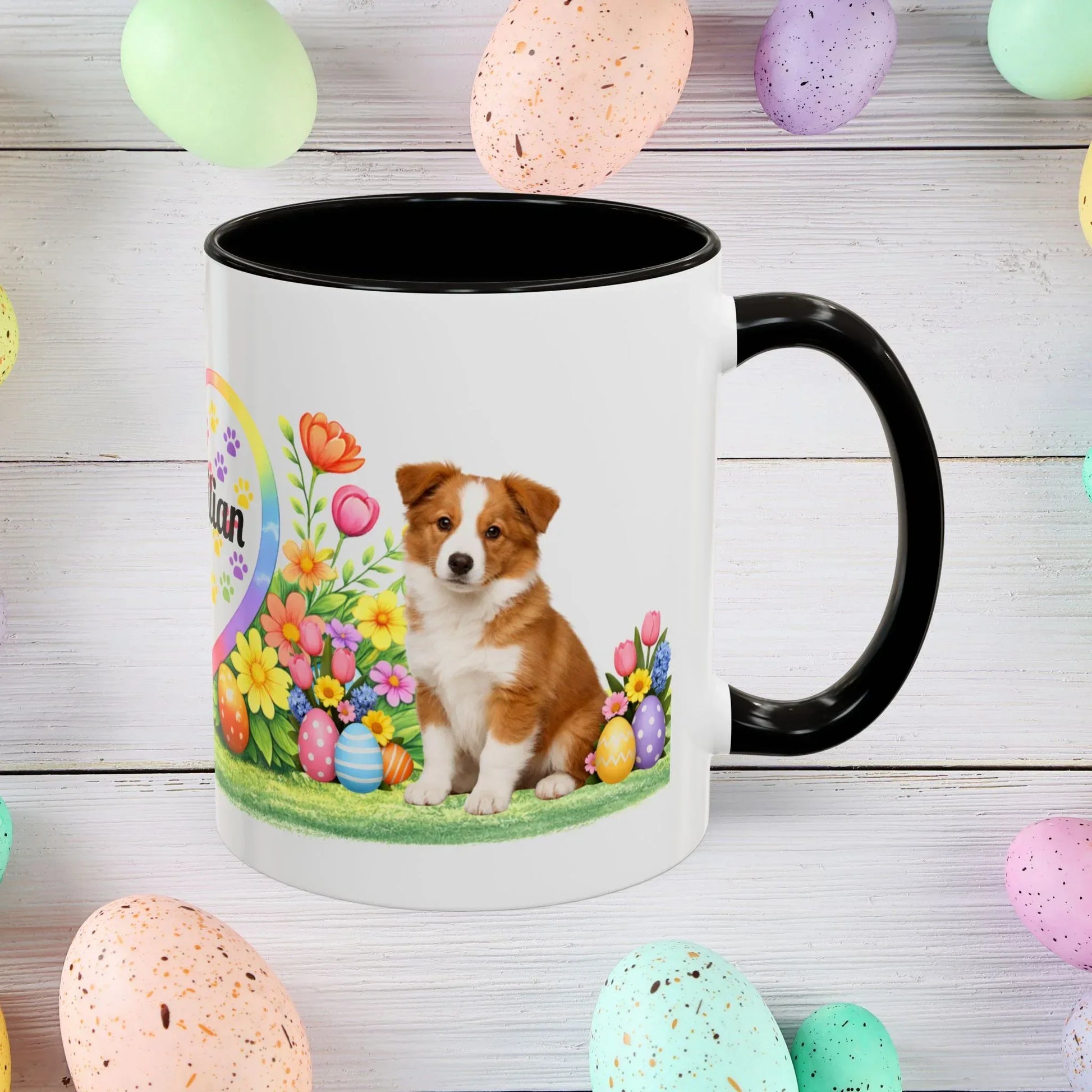 Shop our border collie red white puppy easter mug featuring the 11oz style option from MySisterIsASurvivor.