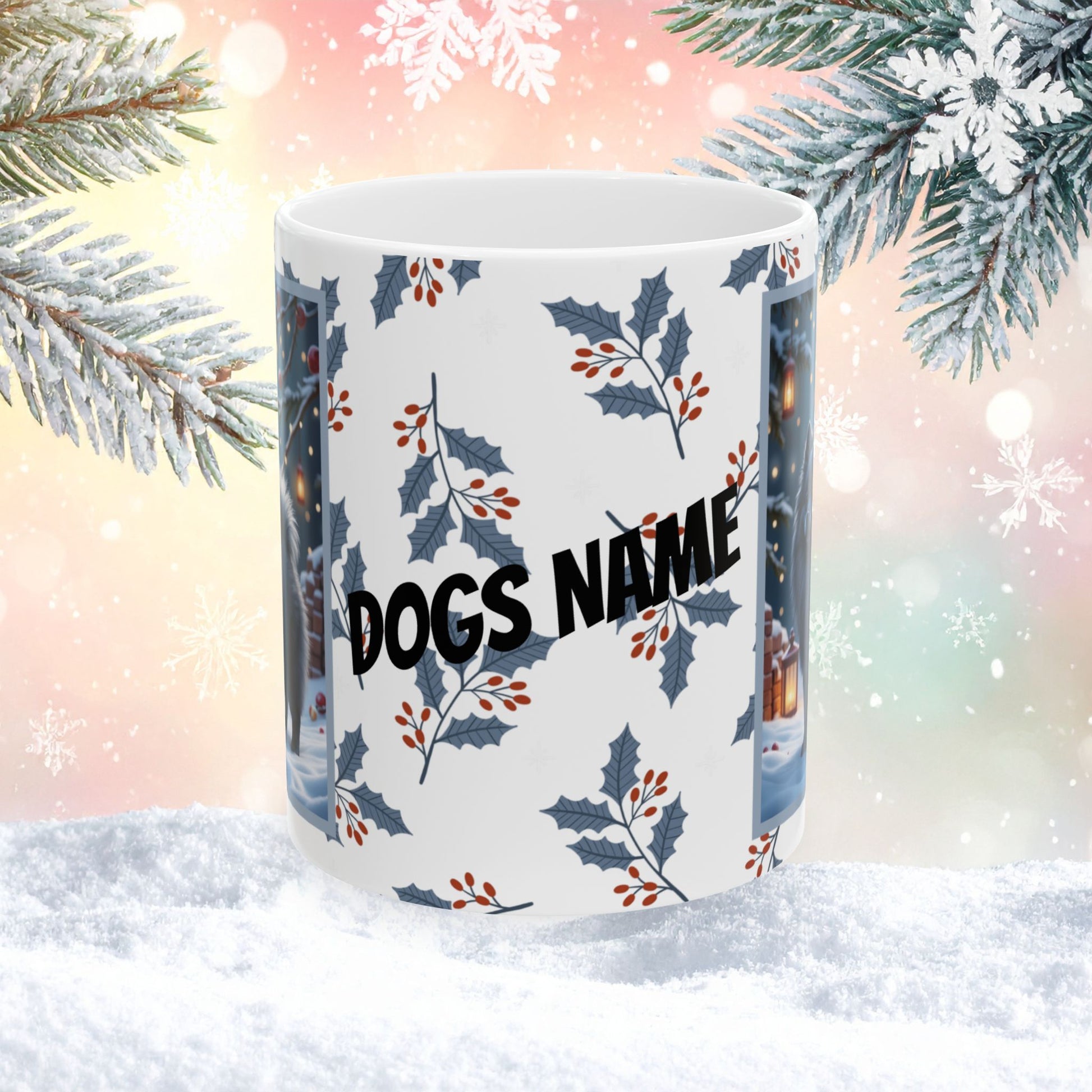 Pomeranian (Blue) Winter Mug - blue pomeranian illustrated standing in a winter scene with soft snow
